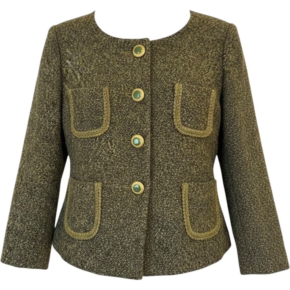 LOFT Ann Taylor Olive‎ Green Wool Blend Tweed Button Front Blazer Jacket 228398